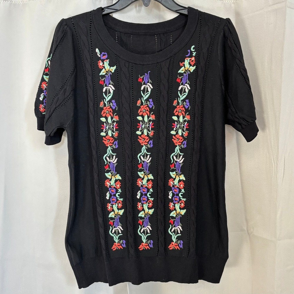 Coquette‎ Womens Sweater Large Floral Embroidered Cable Knit Cottagecore 20912